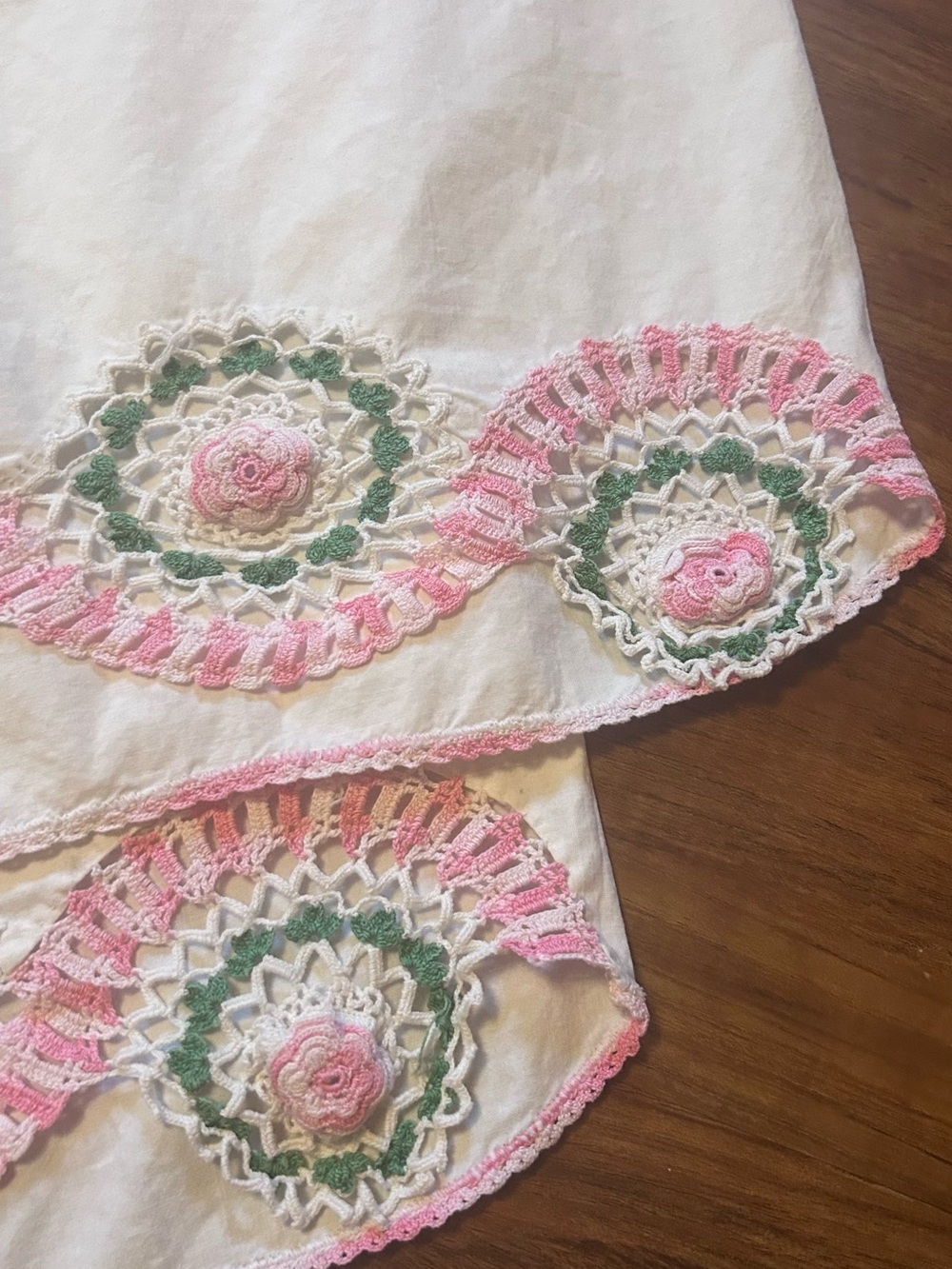 Vintage White Pillowcases with Pink and Green Crochet Trim - Picture 2 of 7